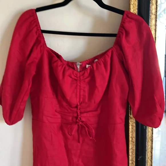 REFORMATION Kathryn 💯 Linen Red Puff Sleeve Dress